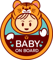 bébé sur planche signe logo icône isolé. enfant sécurité autocollant avertissement emblème. mignonne bébé sécurité conception illustration, drôle petit souriant garçon portant tigre suite png
