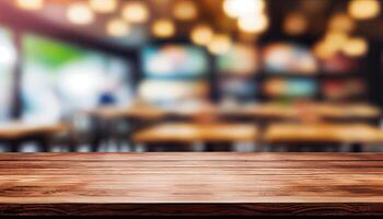 image of wooden table in front of abstract blurred background of resturant lights. Wood table top on blur of lighting in night cafe,restaurant background. selective focus. Generative Ai photo