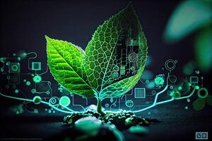 creciente árbol en el convergente punto de un ordenador circuito tablero. naturaleza con digital convergencia y tecnológico convergencia. verde informática, verde tecnología, verde él, rsc, generativo ai foto