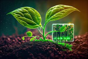 Growing tree on the converging point of acomputer circuit board. Nature with Digital Convergence and Technological Convergence. Green Computing, Green Technology, Green IT, csr, photo