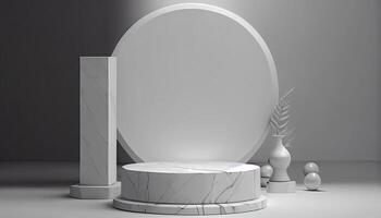 Marble product display on black background with modern backdrops studio. Empty pedestal or podium platform. photo