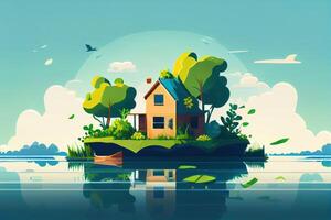 Iminimalist floating house on lake surrounded by lush greenery and a clear blue sky made . photo