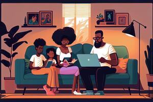 Black family using a laptop together in the living room. photo