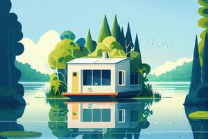 Iminimalist floating house on lake surrounded by lush greenery and a clear blue sky made . photo