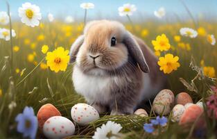 easter bunny and easter eggs on a meadow. AI Generated photo