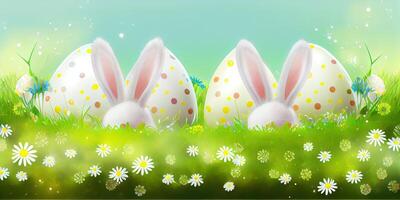 easter bunny and easter eggs on a meadow. photo