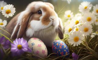 easter bunny and easter eggs on a meadow. photo