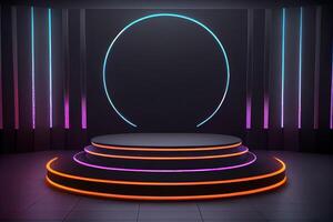 Modern empty arena, concrete cement tiles, black cercle plinth, neon light glowing background. photo