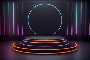 Modern empty arena, concrete cement tiles, black cercle plinth, neon light glowing background. photo