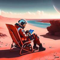 Austronauts using tab sitting on a chair on Mars science fiction photo