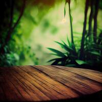 wooden table background for Empty show for packaging product presentation. Background for cosmetic products, the scene with green leaves. . photo