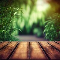 wooden table background for Empty show for packaging product presentation. Background for cosmetic products, the scene with green leaves. . photo