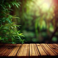 wooden table background for Empty show for packaging product presentation. Background for cosmetic products, the scene with green leaves. . photo