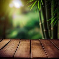 wooden table background for Empty show for packaging product presentation. Background for cosmetic products, the scene with green leaves. . photo