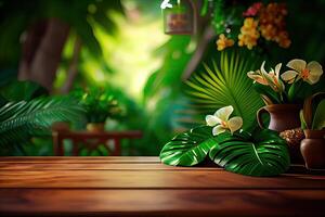 wooden table background for Empty show for packaging product presentation. Background for cosmetic products, the scene with green leaves. . photo