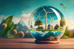 Earth crystal glass globe ball and growing tree laying on the table. Saving environment, save clean planet, ecology concept. Card for World Earth Day. . photo
