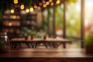 image of wooden table in front of abstract blurred background of resturant lights. Wood table top on blur of lighting in night cafe,restaurant background. selective focus. photo