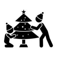 Family decorates a Christmas tree vector icon