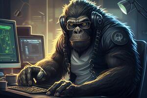 hacker gorila trabajando trabajo profesión ilustración. ai generado foto