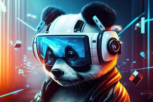 A hologram of a polygonal panda wearing a virtual reality headset on a futuristic neon background. photo