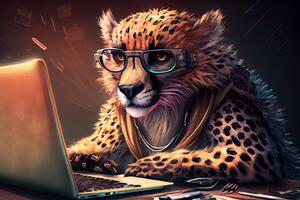 hacker leopardo trabajando trabajo profesión ilustración. ai generado foto