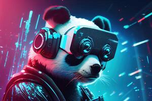 un holograma de un poligonal panda vistiendo un virtual realidad auriculares en un futurista neón antecedentes. ai generado foto