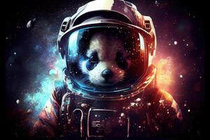 Panda portrait in space suit with galaxy and nebula reflected in helmet glass. photo