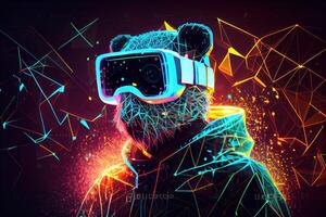 A hologram of a polygonal panda wearing a virtual reality headset on a futuristic neon background. photo