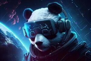 A hologram of a polygonal panda wearing a virtual reality headset on a futuristic neon background. photo