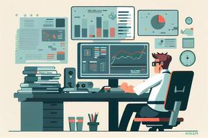 Tax consultant. Man working in modern office, counting financial data. Stock exchange information on computer screens on table. Calculation of cost of loan for company. photo