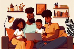 Black family using a laptop together in the living room photo
