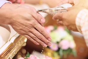 Hand pouring water from conch shell to bless the groom and the bride in tradition Thai wedding ceremony photo