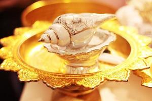 Conch shell on glod tray in tradition Thai wedding ceremony photo