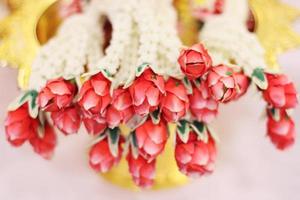 Flower garlands on a gold tray in tradition Thai wedding ceremony day. Jasmine garland photo