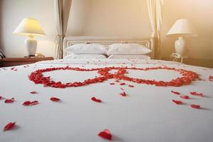 Bridal bed with Rose petals in a heart shape on the bridal chamber in Thai style wedding. Valentines day and love for celebration concept. photo