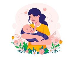 Mother Holding Baby In Arms. Happy Mother's Day Illustration. Mom and Baby. Happy young mother with her little cute baby vector