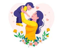 Happy Young Mother playing with the baby. Mom lifting her baby son. Mother's Day Illustration vector