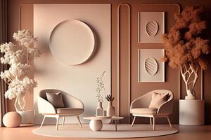 A soothing sitting area in shades of tan and cream, minimal decor . photo