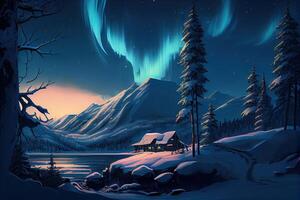 Aurora Winter Landscape Illustration . photo