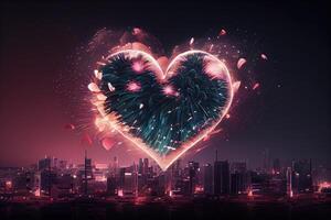 heart shaped fireworks display over a city skyline at night . photo