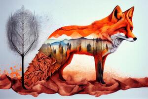 Orange fox with a landscape image in its fur . photo