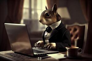 retrato de animal vestido en un formal negocio traje sentar trabajo . ai generado foto