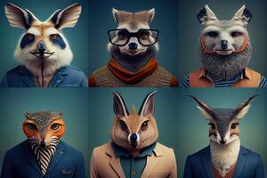 group of portraits animals, influencers of unique style . photo