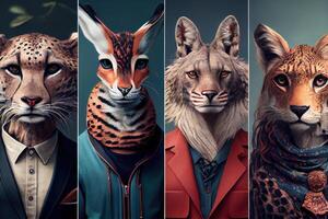 group of portraits animals, influencers of unique style . photo