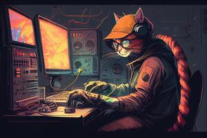 hacker cat working job profession illustration. photo