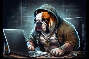 hacker buldog trabajando trabajo profesión ilustración. ai generado foto