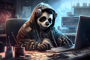 hacker panda working job profession illustration. photo