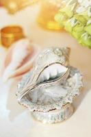 Conch shell on glod tray in tradition Thai wedding ceremony photo