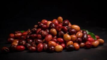 un pila de crudo café frutas estudio Disparo producto fotografía y bueno presentación. foto