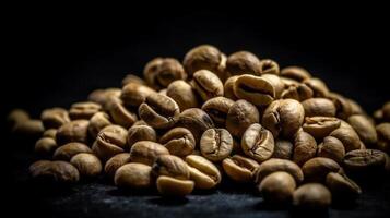 A handful of dried coffee beans studio shot good for product and marketing with some copy space or for background and backdrop. Close up macro product and studio shot. photo